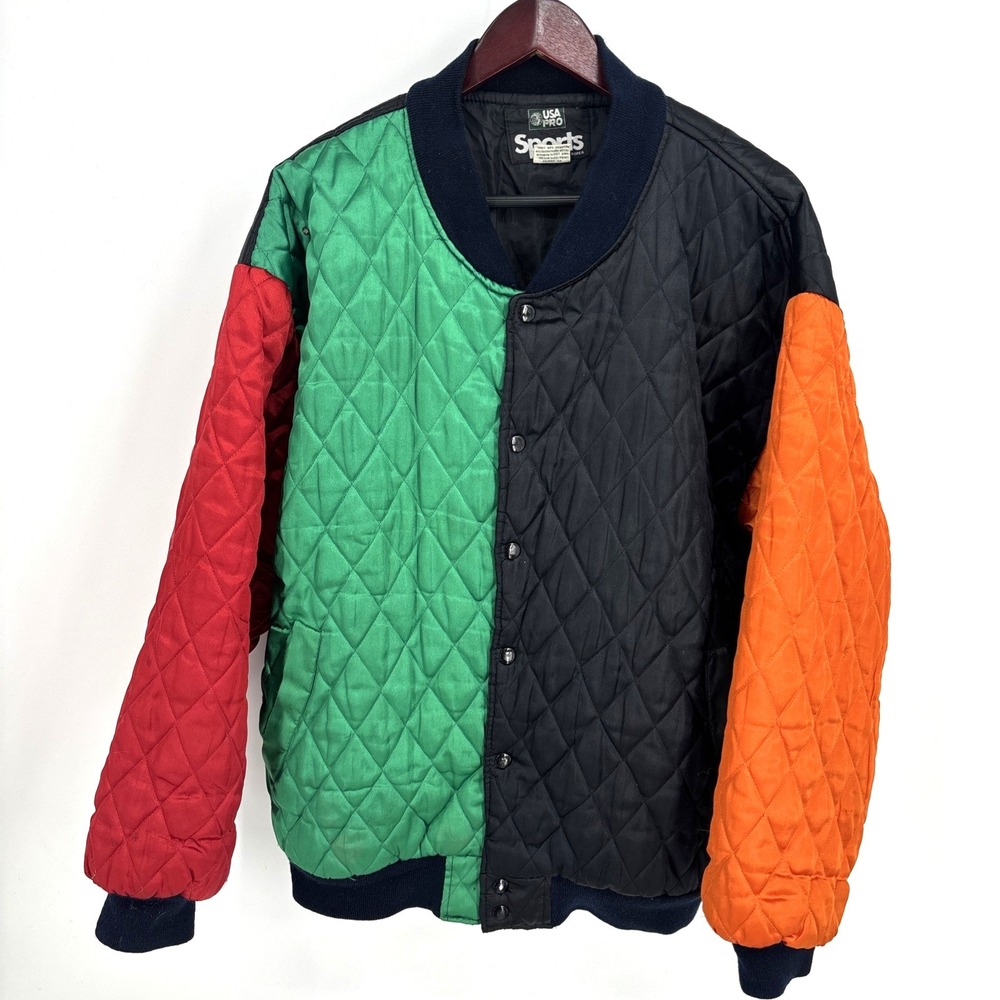 Vintage Pro Sports Quilted Bomber Jacket XL Colorblock 90s‎ Cross Colours Satin